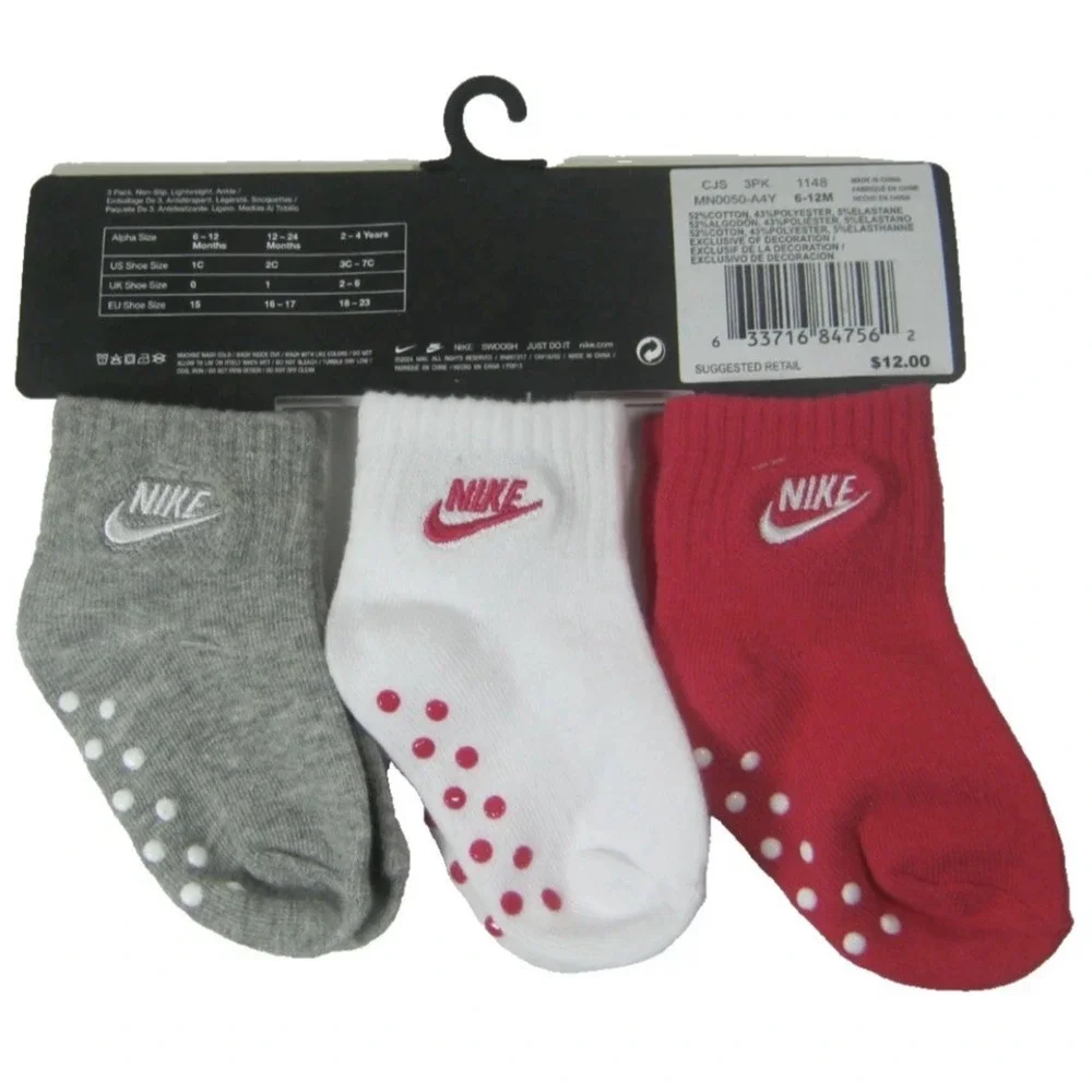 Nike Baby Girl Non-Slip Socks 3 Pairs 12-24 Months Infant Gripper Ankle Sock NEW